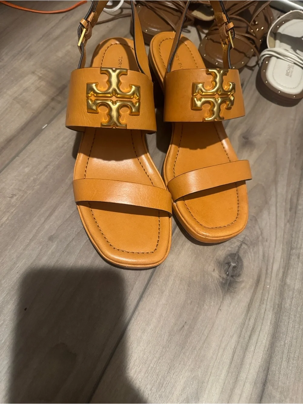 Tory Burch Eleanor Two-Band Medallion Slingback Sandals Cognac